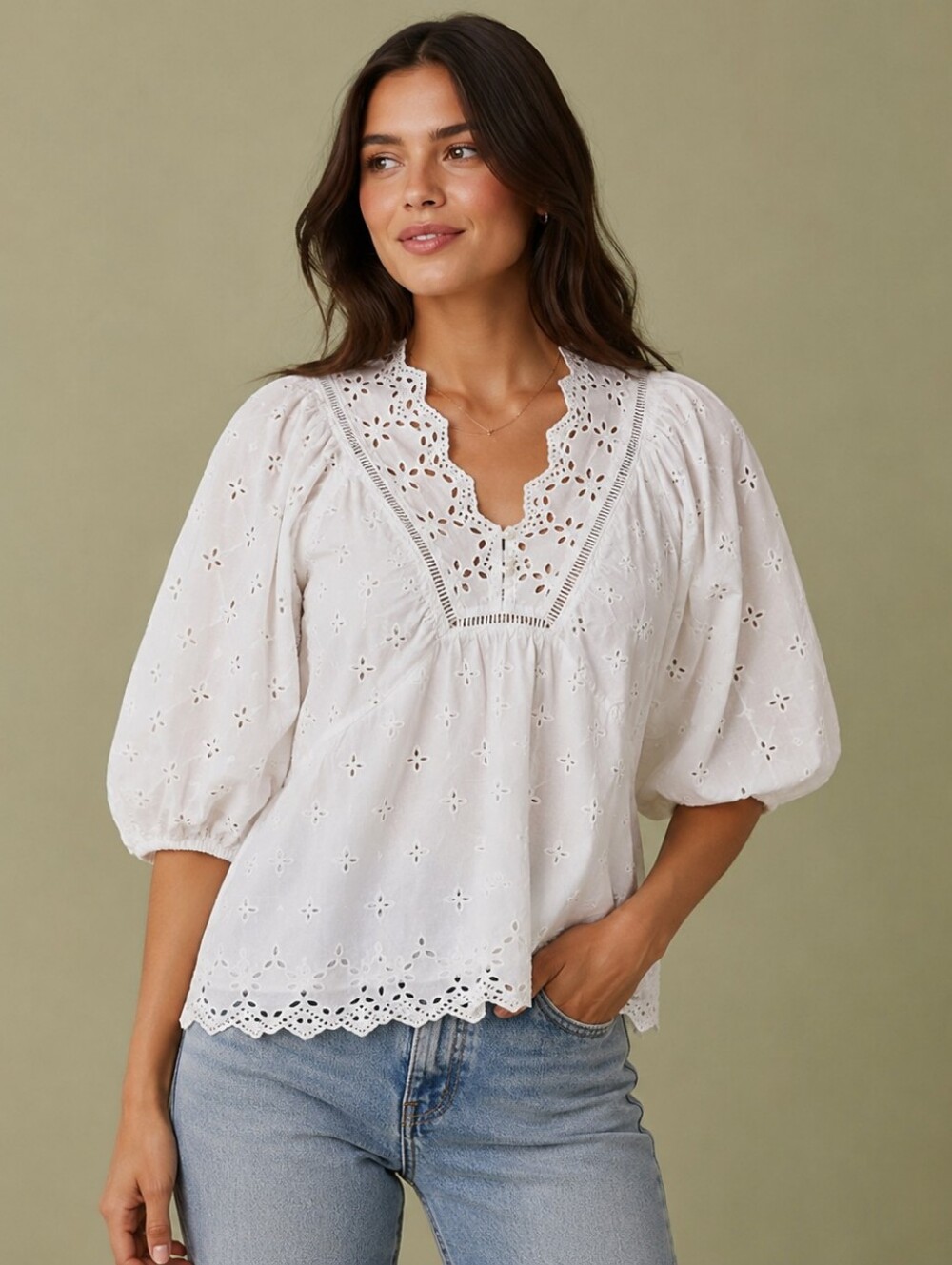 Marea by Liz Joy Women’s White Eyelet Puff Sleeve Blouse Size XS